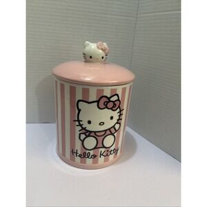 New Sanrio Hello Kitty Pink & White Striped Ceramic Canister Cookie Snack Jar 8"